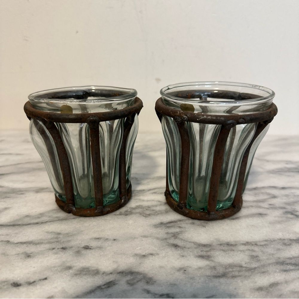 Rustic caged bubble Glass votive Candle Holders vintage brutalist